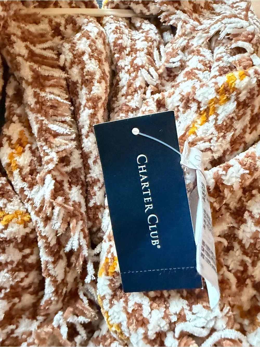Charter Club Brown White and Yellow Houndstooth Fringe Scarf